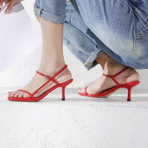 Chic sandal women's summer 2019 new thin heel leather simple thin toe web celebrity the same high-heeled shoes size 43