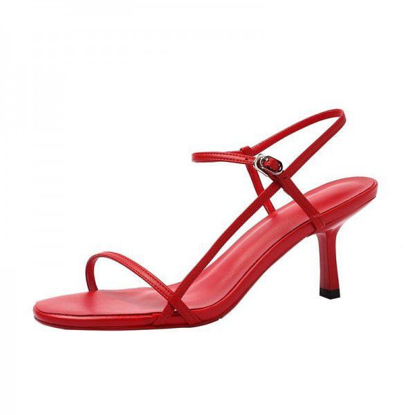 Chic sandal women's summer 2019 new thin heel leather simple thin toe web celebrity the same high-heeled shoes size 43