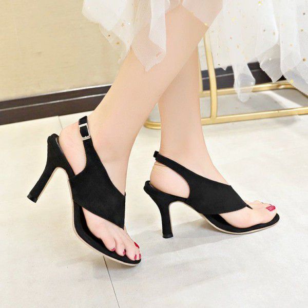 European and American sandals, women's summer high heels, new style, thin heel, one word, buckle, clip toe, high heels, large size, popular in foreign trade
