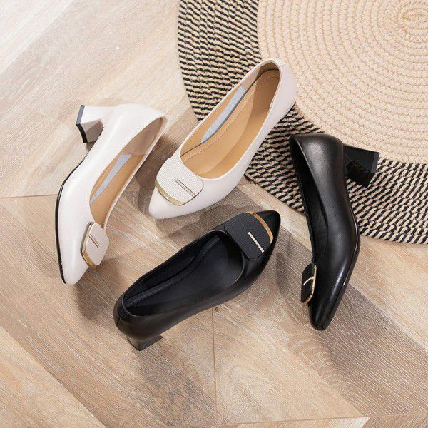 Cowhide Fashion Women's Heels Spring New Genuine Leather Thick Heels Fashion Shallow Mouth Single Shoes 