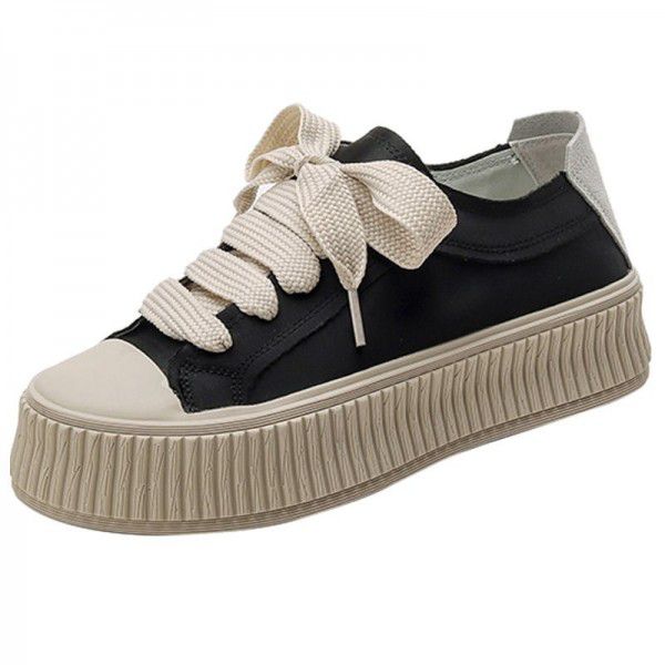 Little White Shoes Women's Thick Sole Casual Elevated Biscuit Shoes Lace up Canvas Single Shoes 