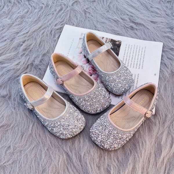 Girls' shoes, princess shoes, winter new children's crystal shoes, baby girls' soft soled shoes, small leather shoes, spring and autumn styles 