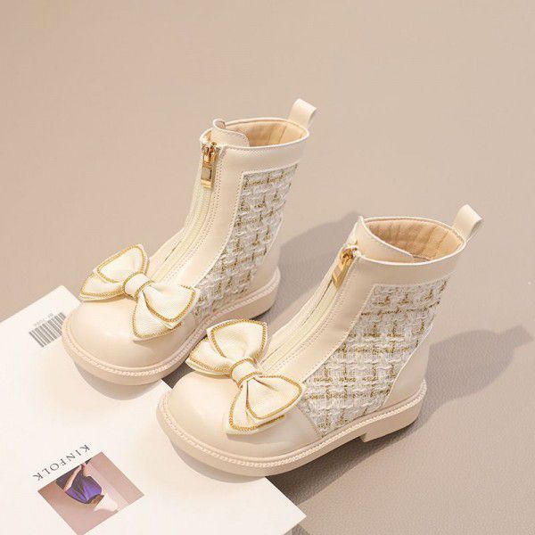 Girls' Martin Boots Winter New Plush Children's Single Boots Little Girls' Short Boots Fashionable Bowknot Leather Boots 