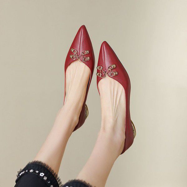 Sharp pointed beige high heels, women's thick heels, new low heeled women's shoes, summer soft leather single shoes 