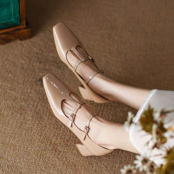 Vintage Mary Jane Shoes Women's Spring Genuine Leather High Heels, Wine Red Thick Heels, T-shaped Single Shoes, Small and Tall 