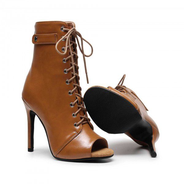 Women's Spring and Summer Thin Heel Hollow Short Boots Lace up High Heels Large Sandals 