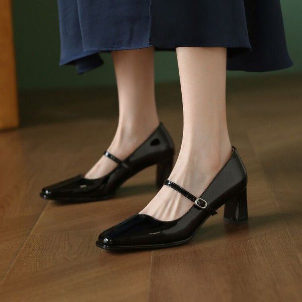 Summer New Square Head High Heels Women's Shallow Mouth Single Shoes Thick Heels Mary Jane Shoes Wine Red Cowhide Shoes 