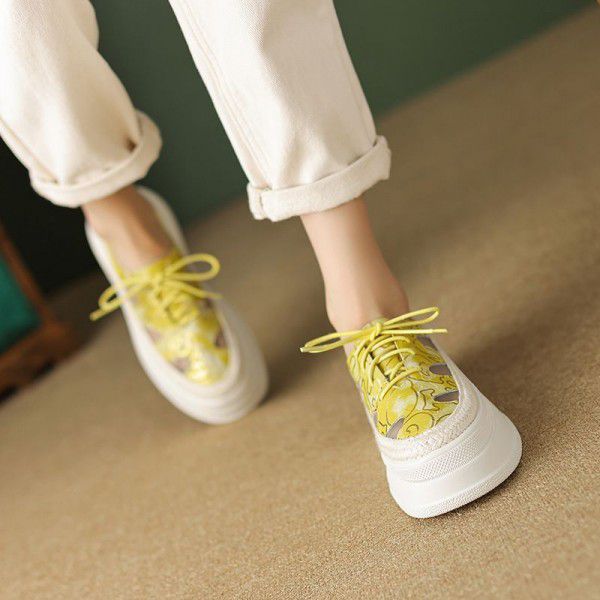 New Fashion Thick Sole Single Shoes for Women Genuine Leather Matsutake Sole Hollow Mesh Front Lacing Thin Casual Shoes for Women 