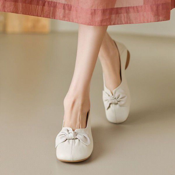 New Full Leather Cowhide Inside and Outside, Comfortable Soft Sole Style Bow Tie Single Shoe for Women 