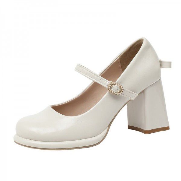 Mary Jane High Heels Women's New Thick Heel Waterproof Platform Round Toe French One line Buckle with Shallow Mouth Commuter Single Shoes 