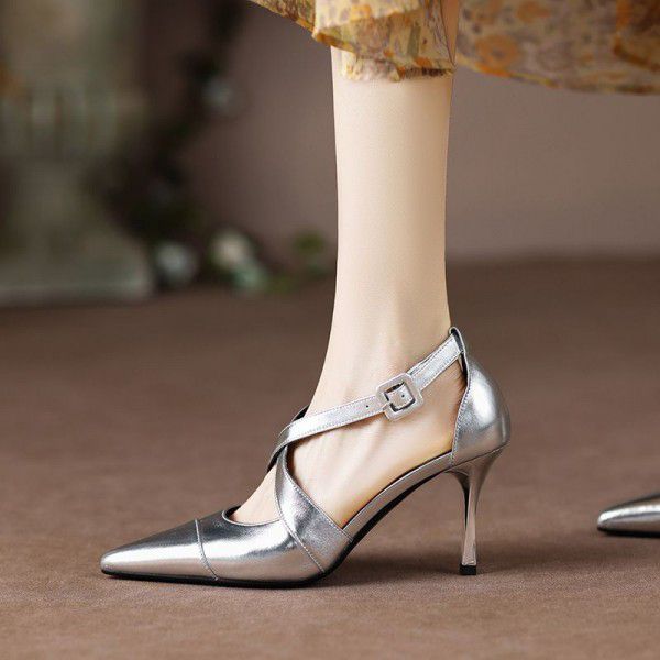 Slim high heels, summer pointed, crossed with cowhide foreskin, hollow sandals for women in large size 