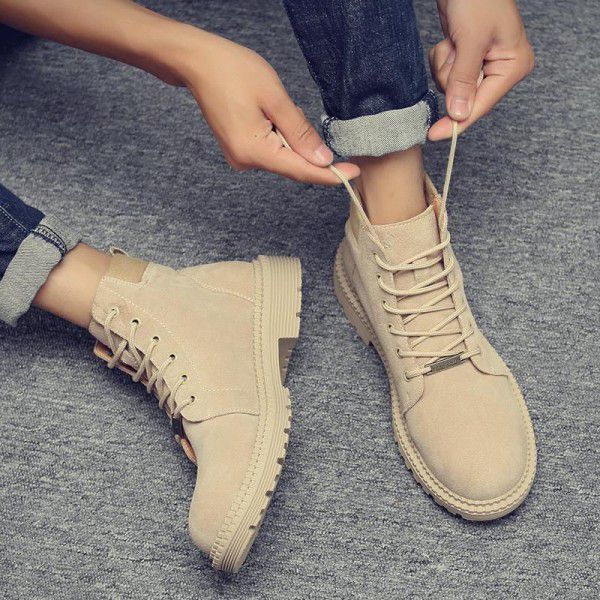 Men's retro style medium top British style work attire boots, cow suede high top, autumn and winter plush 