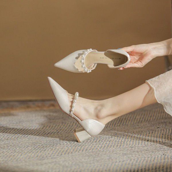 Pointed Mary Jane Shoes Women's Summer New Pearl Hollow High Heel Thick Heels 
