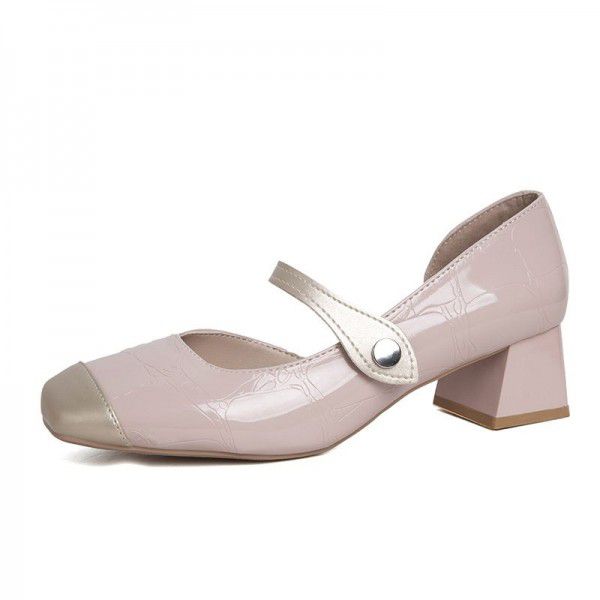 Retro Mary Jane Shoes Women's Square Head French Small Fragrant Red Bead Thick Heel Shoes Temperament Paired with Small Leather Shoes 