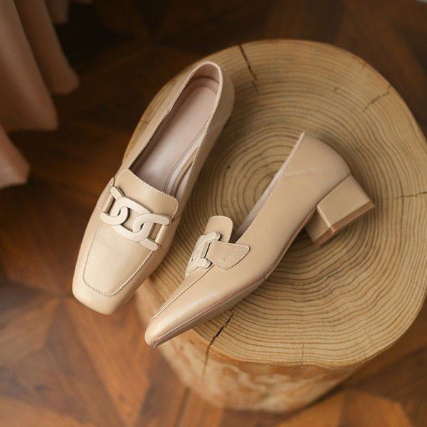 Spring and Autumn New Genuine Leather Leisure Lefu Women's Single Shoes Korean Edition Comfortable Middle Heel Shoes Square Headed Retro Commuter Women's Shoes 