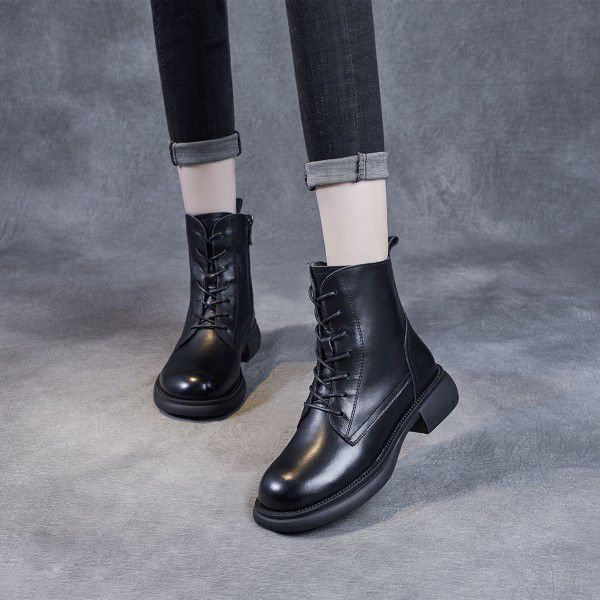 Autumn/Winter Vintage British Martin Boot Top Layer Cowhide Side Zipper Strap Women's Boot Slim Soft Short Boots 
