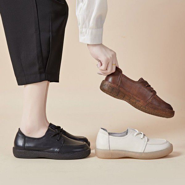 Genuine leather cow tendon sole handmade grandma's shoes, retro literature and art autumn new style, lightweight, comfortable, non slip soft sole single shoes 