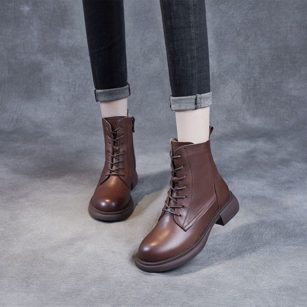 Autumn/Winter Vintage British Martin Boot Top Layer Cowhide Side Zipper Strap Women's Boot Slim Soft Short Boots 
