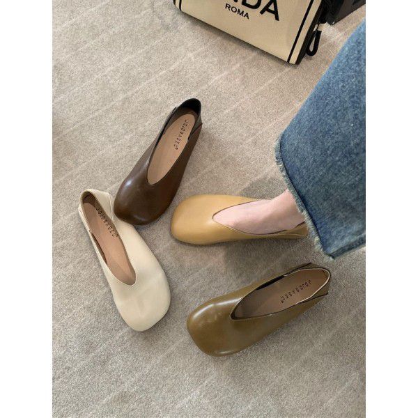 Women's Spring Square Head Versatile, Shallow Mouth, One Step Single Shoe, Soft Leather, Comfortable Retro Granny Shoes 