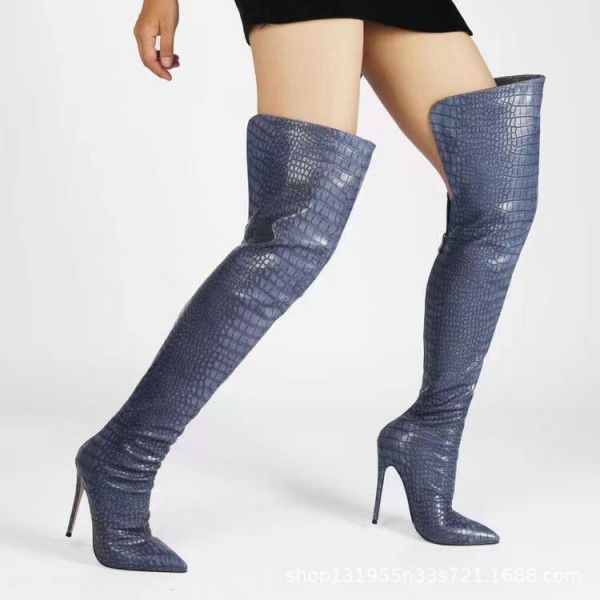 Autumn and Winter Stone Pattern Pointed Thin Heel Women's Over Knee Boots 