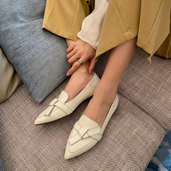 Spring and Autumn New Solid Color Low Heel Shoes, Two Wear Single Shoes, British Style Pointed Bow Inner and Outer Full Leather Women's Shoes 