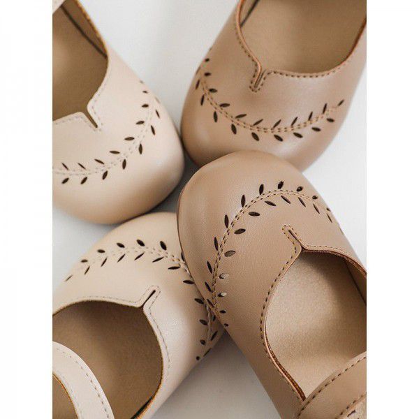 Girls' retro style leather shoes, hollowed out small leaves, baby spring and autumn new casual shoes 