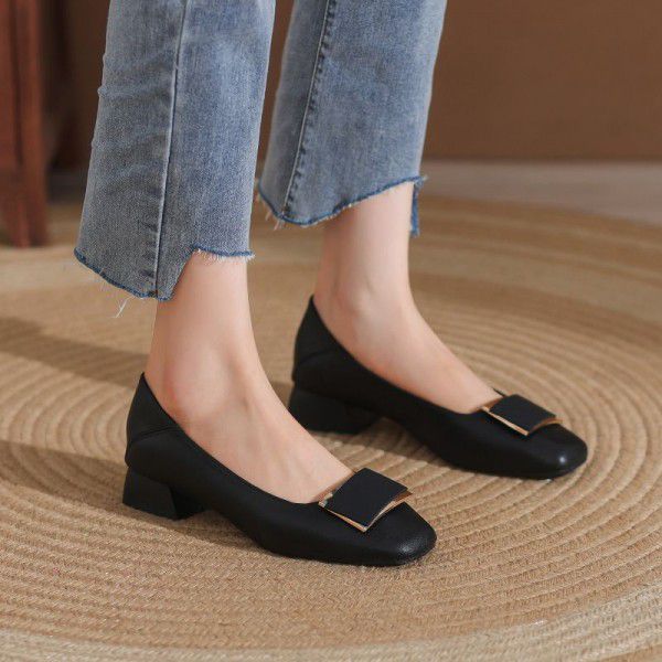 New square toe thick heel genuine leather single shoes for women's OL professional work shoes, high heels, sheepskin shallow mouth women's shoes 