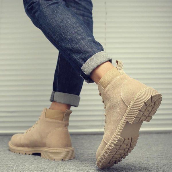 Men's retro style medium top British style work attire boots, cow suede high top, autumn and winter plush 