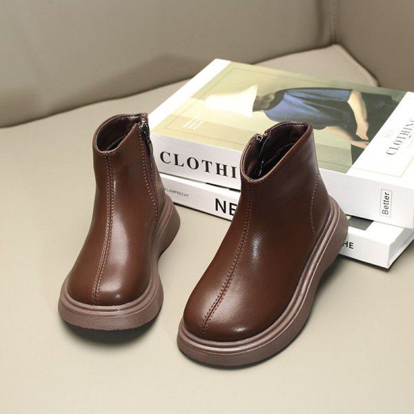Spring and Autumn New Children's Leather Boots, Girls' Boots, Short Boots, Boys' Martin Boots, Baby Children's Velvet Two Cotton 