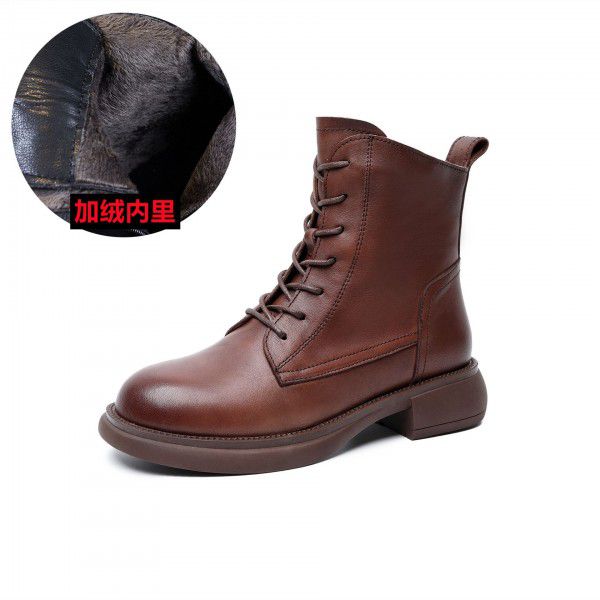Autumn/Winter Vintage British Martin Boot Top Layer Cowhide Side Zipper Strap Women's Boot Slim Soft Short Boots 