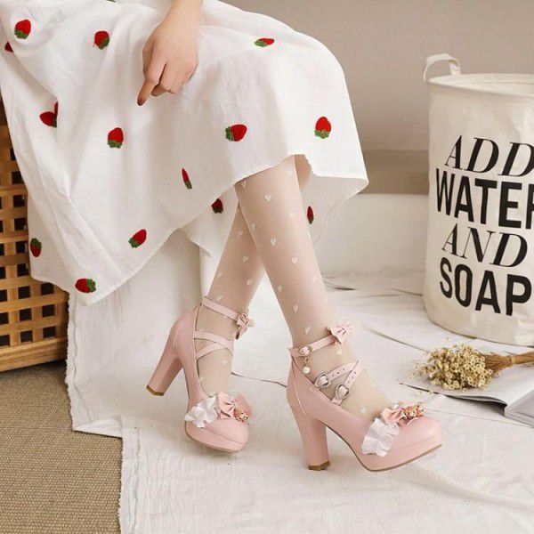 Japanese Sweet Little Fresh Lace Bow Original Single Shoe Thick Sole Mid Heel Buckle Princess Fairy Shoes 