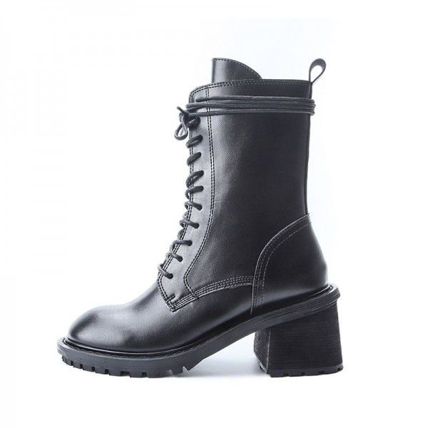 Thick heeled high heeled British style genuine leather Martin boots with black lace up round toe mid length versatile short boots 