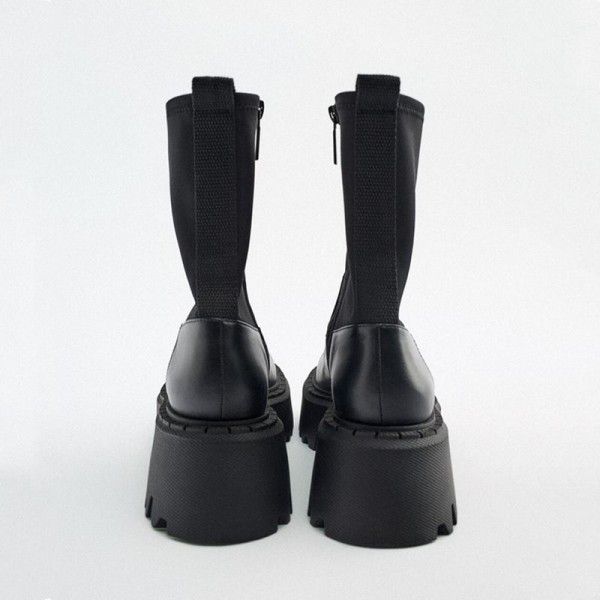 Autumn and Winter New Women's Boots Black Side Zipper Thick Sole Heightened Dark Slim Elastic Mid Sleeve Martin Boots 