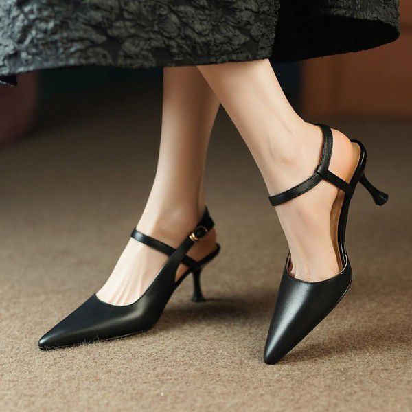 Nude colored Baotou back empty sandals for women with thin heels and pointed tips, new full leather one line strap for spring and summer, paired with skirts and high heels 