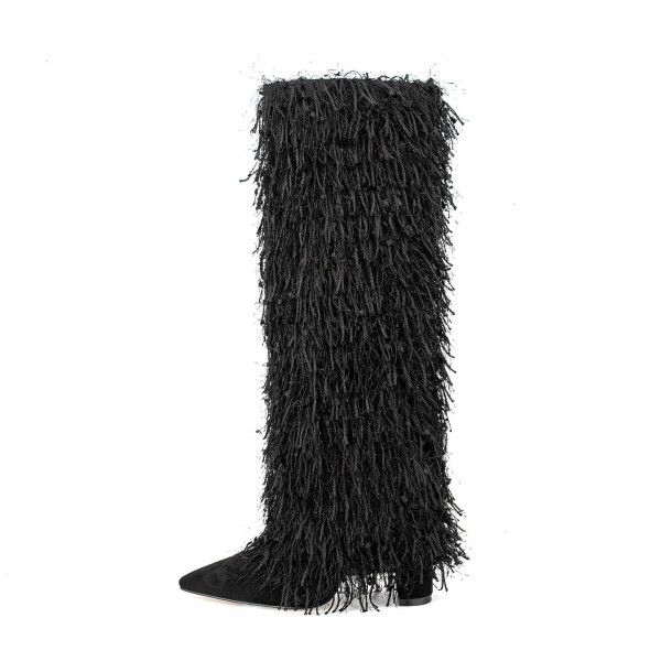 New Autumn and Winter Women's Fashion Tassel Sleeve Boots with Thickened Heels and Silver Tassel Boots Long Boots 