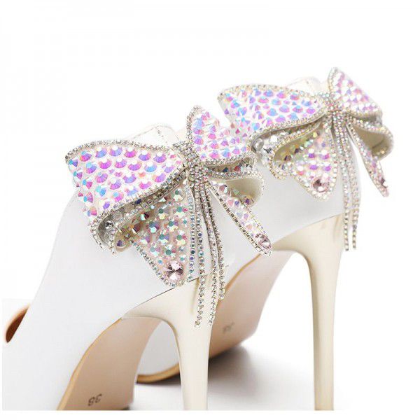 White bow tie shallow tassel high heels, thin high heels, wedding shoes, banquet shoes 