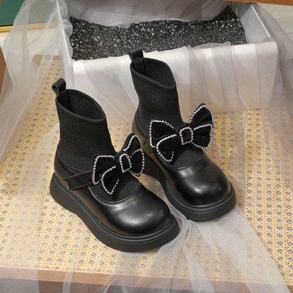 Girls' short boots=new autumn and winter bow knot children's princess single boot soft sole baby socks leather boots 