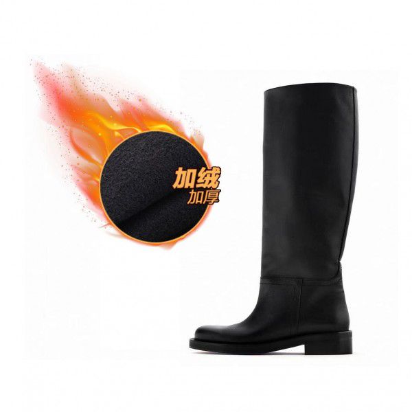 Women's brown English style flat cut retro slim round head high tube flat bottom skinny knight boots 