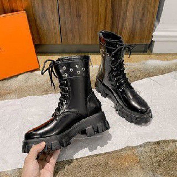 New Martin Boots Women's Thick Sole New Mid Barrel Knight Boots British Style Motorcycle Boots Trendy Women's 