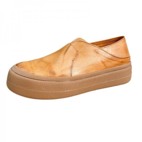 Spring New Handmade Genuine Leather Women's Shoes Sen Series Vintage Style Round Head Comfortable Matsutake Thick Sole Literary Single Shoes for Women 