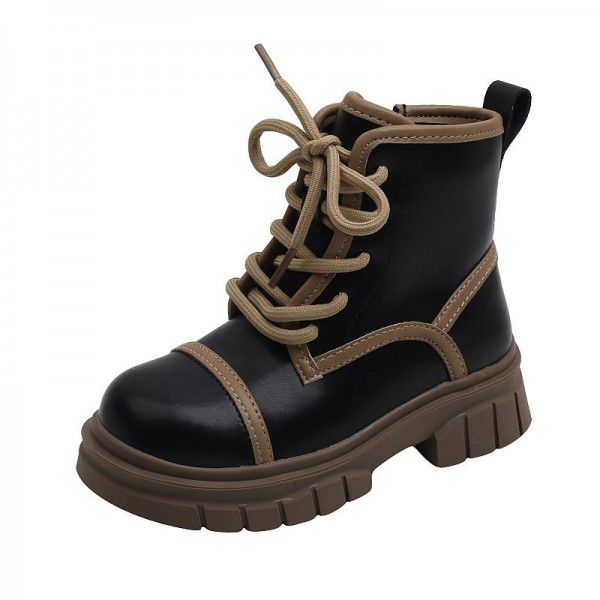 Children's niche contrasting Martin boots, girls' English style black small leather boots, autumn new children's boots, mid length boots 