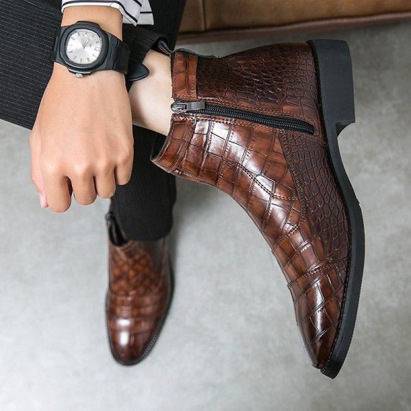 Autumn New Leather Boots Men's Fashion Fit High Top Casual Leather Shoes Pointed Side Zipper Short Boots 