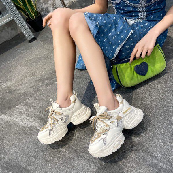 New summer hollow out leather thick sole mesh suction film sole sneakers 