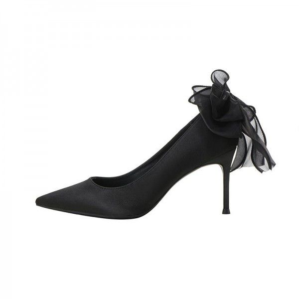 Spring New Pointed High Heels Slim Heel Shallow Bow Fashion Silk Satin Single Shoes Wedding Shoes 
