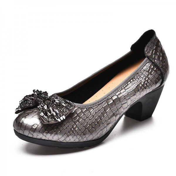 Shoes Women's Genuine Leather Work Shoes Women's Black Mid Heel Women's Leather Shoes Thick Heel Soft Sole Comfortable Shallow Mouth Single Shoes 