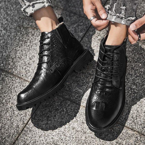 Winter oversized Martin boots for men's boots, top layer cowhide for men's short boots, English plush boots, trend high top men's shoes 