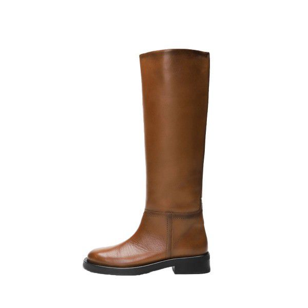 Women's brown English style flat cut retro slim round head high tube flat bottom skinny knight boots 