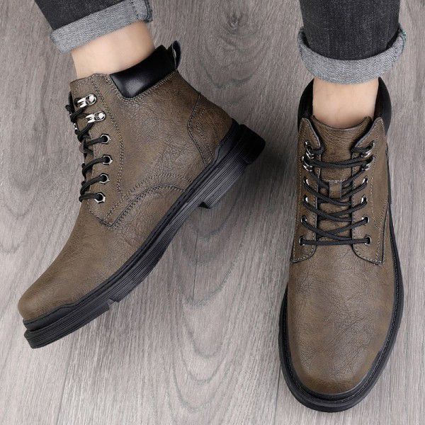 Autumn and Winter High Top Lace up Leather Splice Casual Boots for Men's Retro Fashion Thick Bottom Work Wear Shoes and Boots Trend for Men 