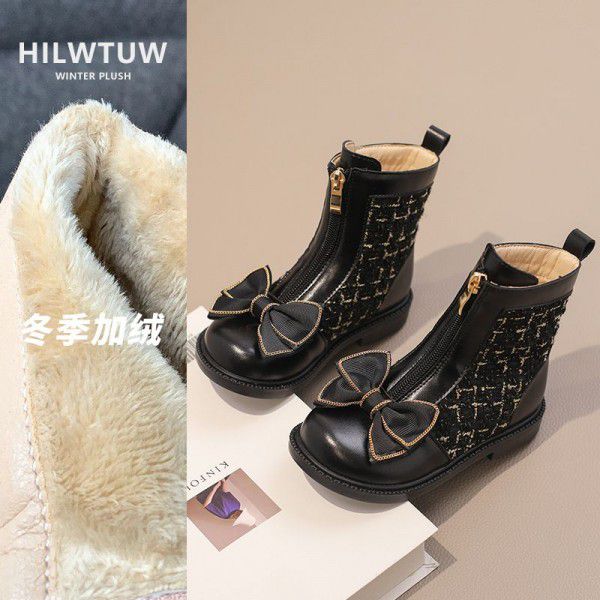 Girls' Martin Boots Winter New Plush Children's Single Boots Little Girls' Short Boots Fashionable Bowknot Leather Boots 