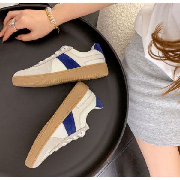Genuine leather thick sole color matching casual sports shoes, board shoes, women's moral training shoes 